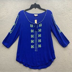 Aerie Women's M Embroidered Sheer Peasant Blouse Medium Boho Floral Blue Green